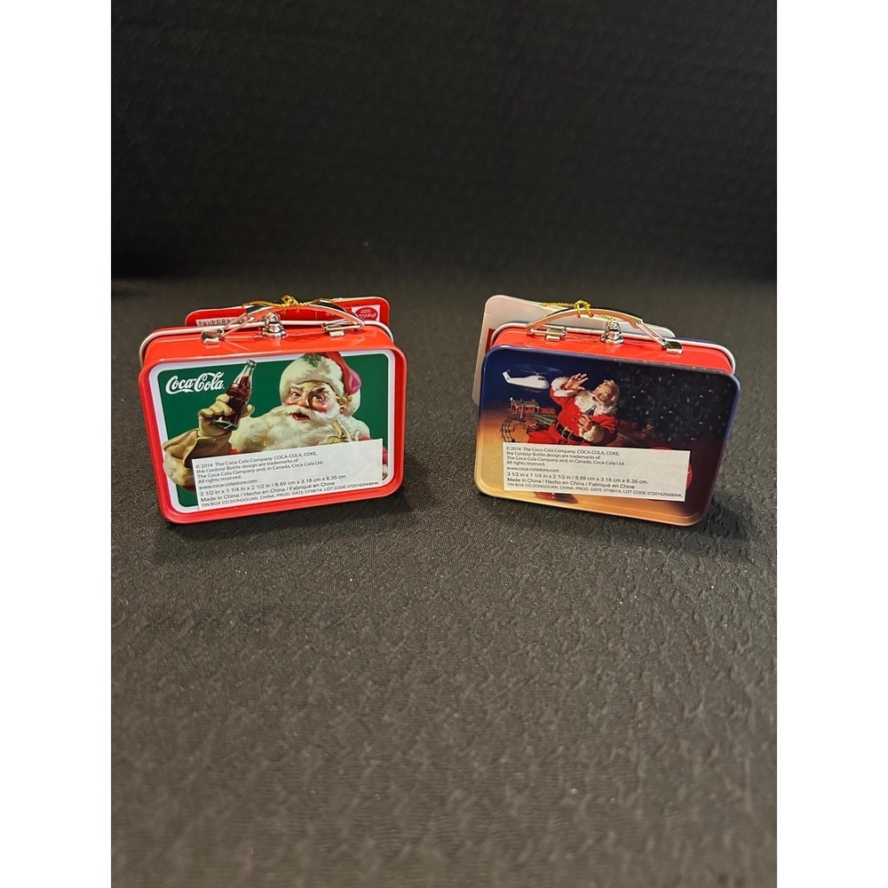 COCA COLA 3.5" Mini Tin Lunch Box Christmas Ornament Santa With A Coke Set Of 2